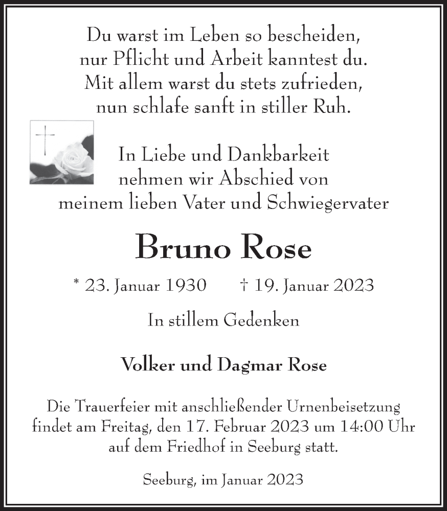  Traueranzeige für Bruno Rose vom 25.01.2023 aus Hellweger Anzeiger