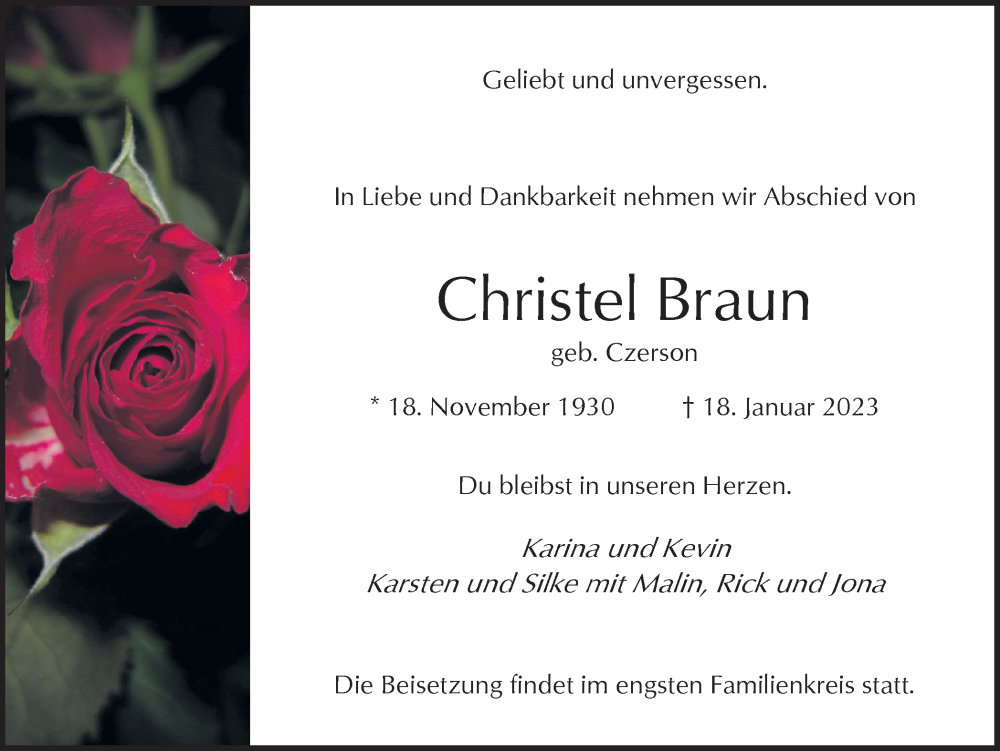  Traueranzeige für Christel Braun vom 23.01.2023 aus Ruhr Nachrichten und Halterner Zeitung