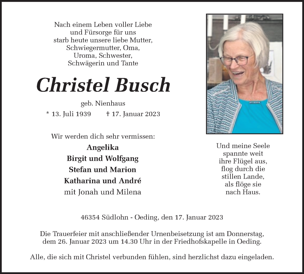  Traueranzeige für Christel Busch vom 21.01.2023 aus Münstersche Zeitung und Münsterland Zeitung