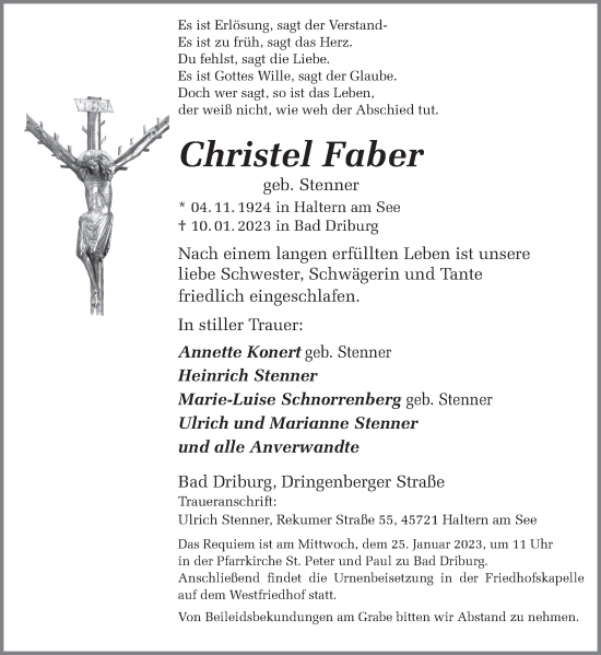 Traueranzeige von Christel Faber von Ruhr Nachrichten und Halterner Zeitung