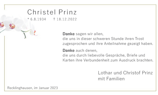 Traueranzeige von Christel Prinz von Medienhaus Bauer