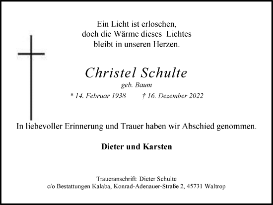 Traueranzeige von Christel Schulte von Medienhaus Bauer