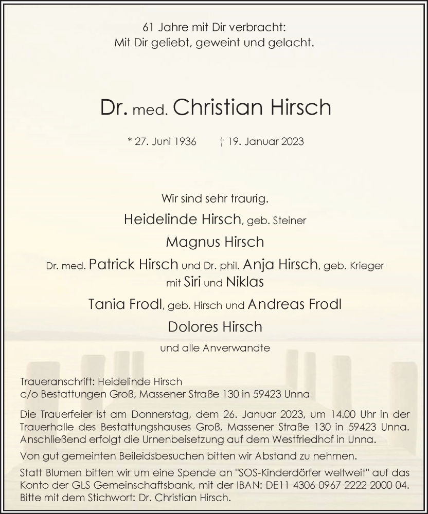  Traueranzeige für Christian Hirsch vom 24.01.2023 aus Hellweger Anzeiger