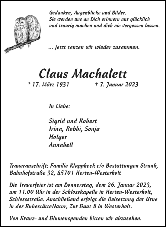 Traueranzeige von Claus Machalett von Medienhaus Bauer