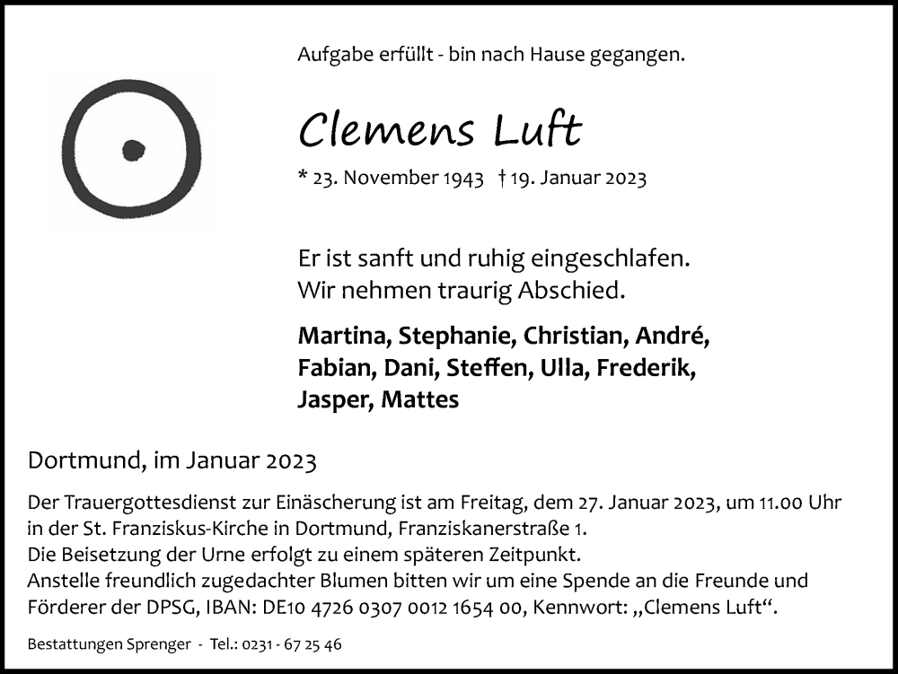  Traueranzeige für Clemens Luft vom 23.01.2023 aus 