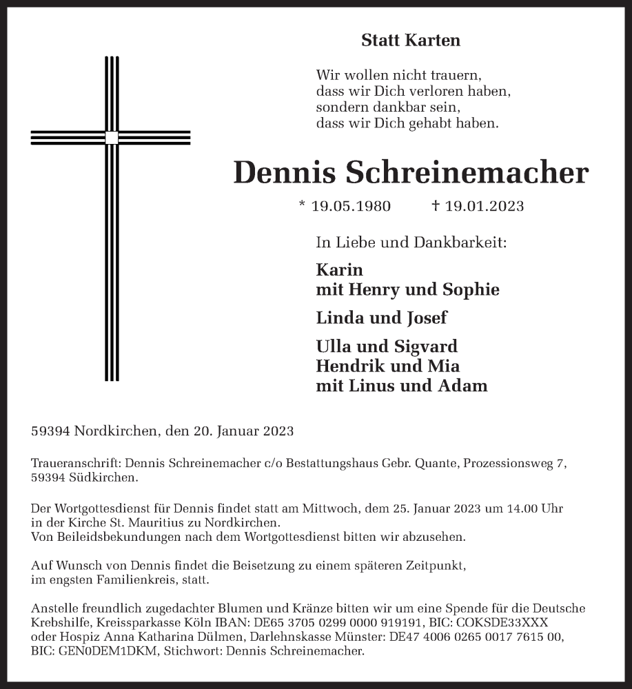  Traueranzeige für Dennis Schreinemacher vom 23.01.2023 aus Ruhr Nachrichten