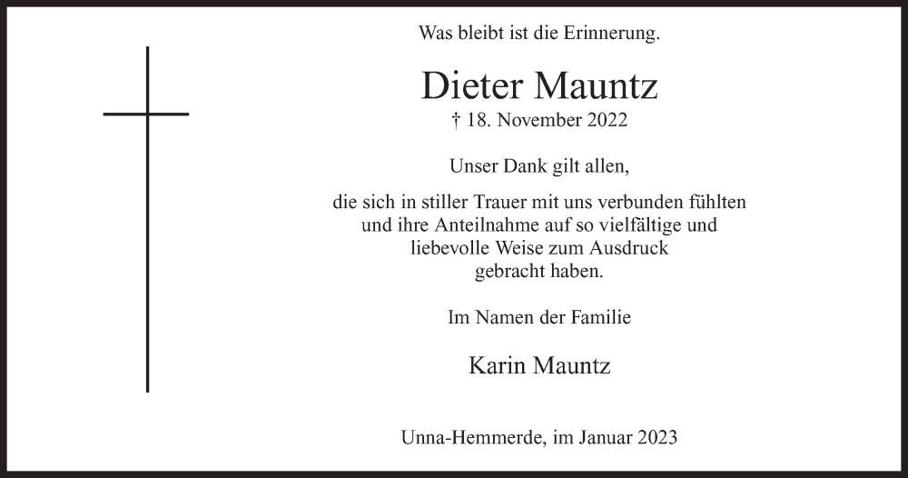 Traueranzeige für Dieter Mauntz vom 06.01.2023 aus Hellweger Anzeiger