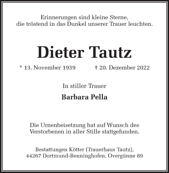 Traueranzeige von Dieter Tautz 