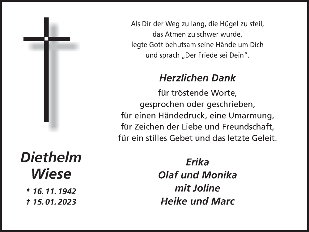 Traueranzeige für Diethelm Wiese vom 28.01.2023 aus Ruhr Nachrichten und Dorstener Zeitung