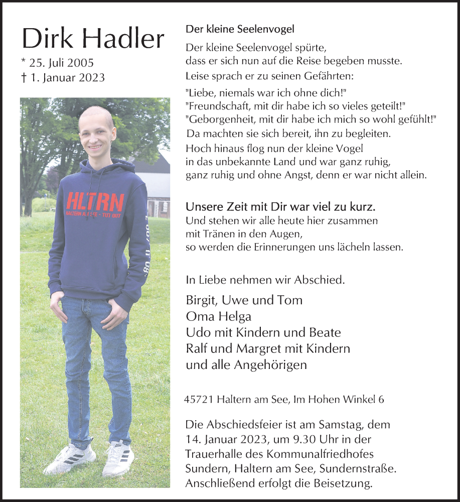  Traueranzeige für Dirk Hadler vom 07.01.2023 aus Medienhaus Bauer