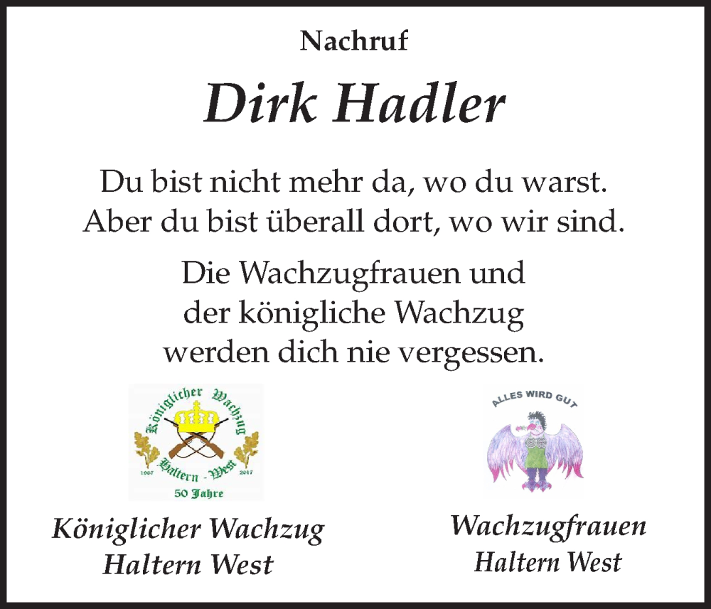  Traueranzeige für Dirk Hadler vom 14.01.2023 aus Ruhr Nachrichten und Halterner Zeitung