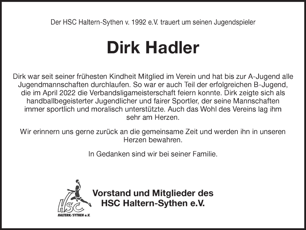  Traueranzeige für Dirk Hadler vom 10.01.2023 aus Ruhr Nachrichten und Halterner Zeitung