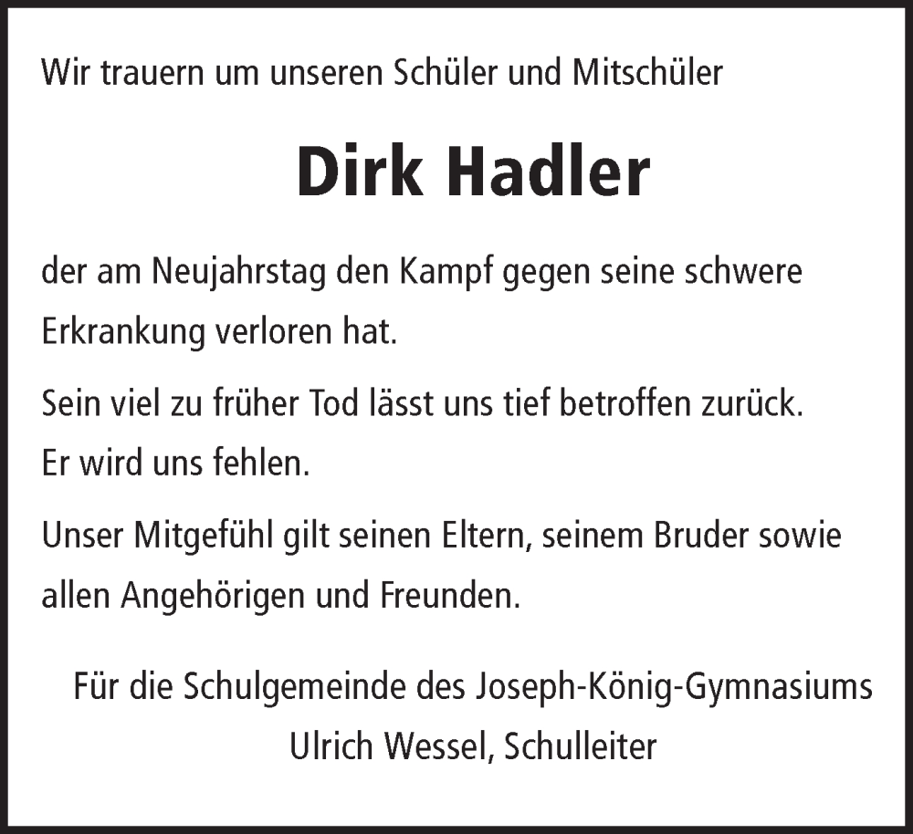  Traueranzeige für Dirk Hadler vom 10.01.2023 aus Ruhr Nachrichten und Halterner Zeitung