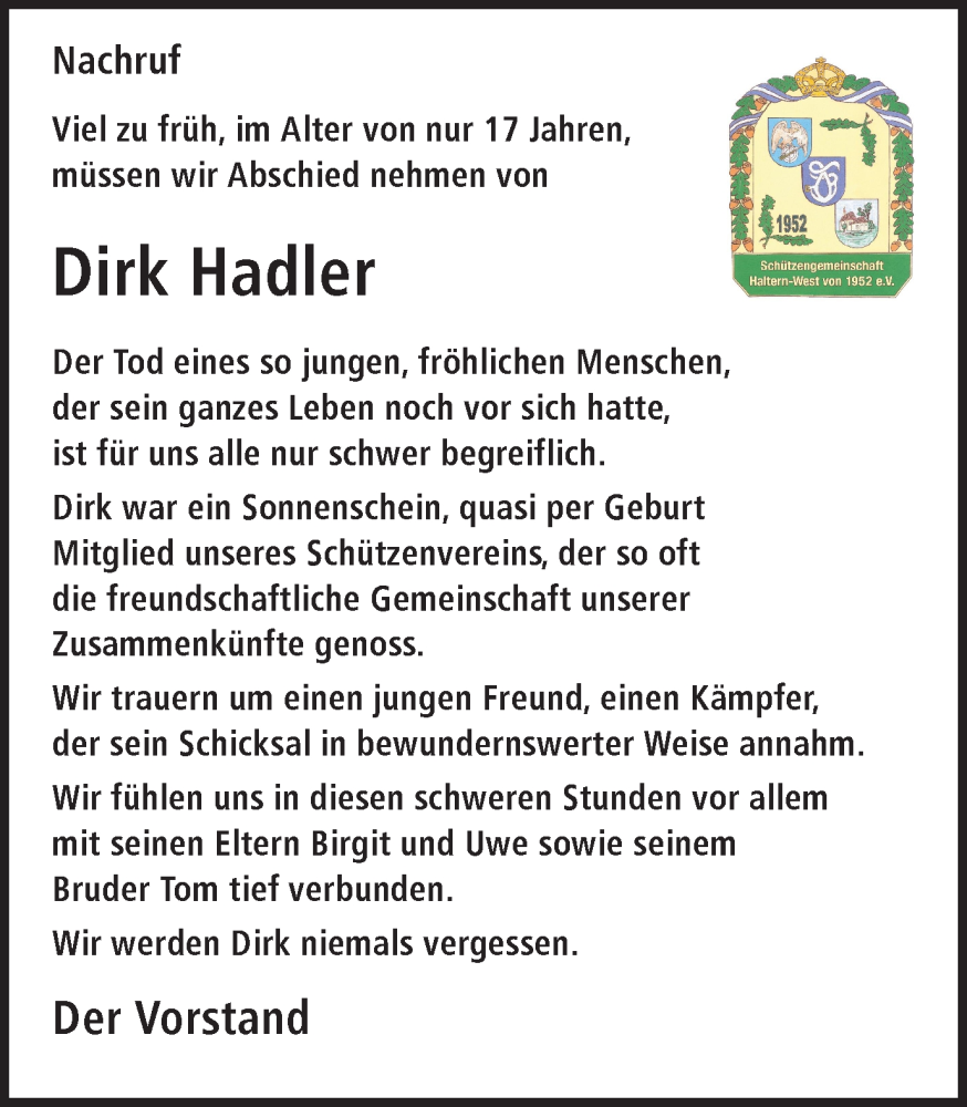  Traueranzeige für Dirk Hadler vom 11.01.2023 aus Ruhr Nachrichten und Halterner Zeitung