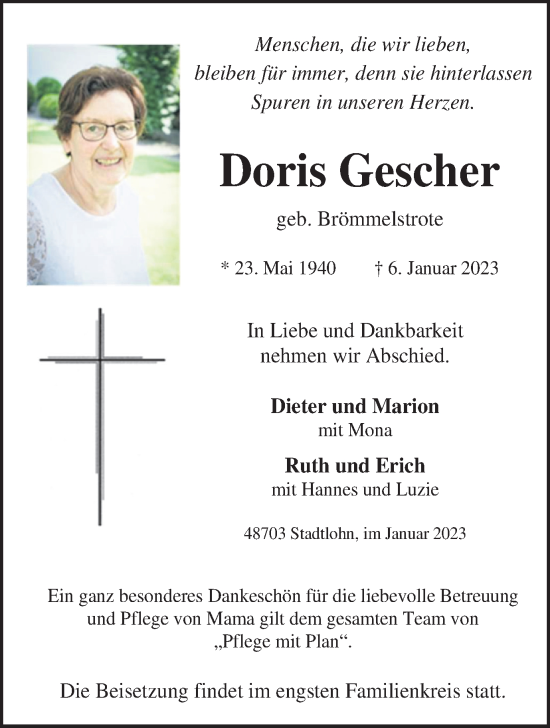 Traueranzeige von Doris Gescher von Münstersche Zeitung und Münsterland Zeitung
