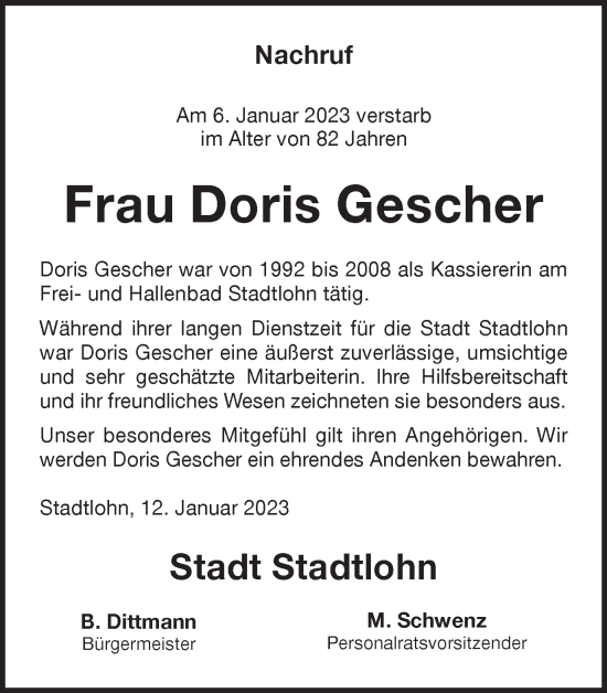 Traueranzeige von Doris Gescher von Münstersche Zeitung und Münsterland Zeitung