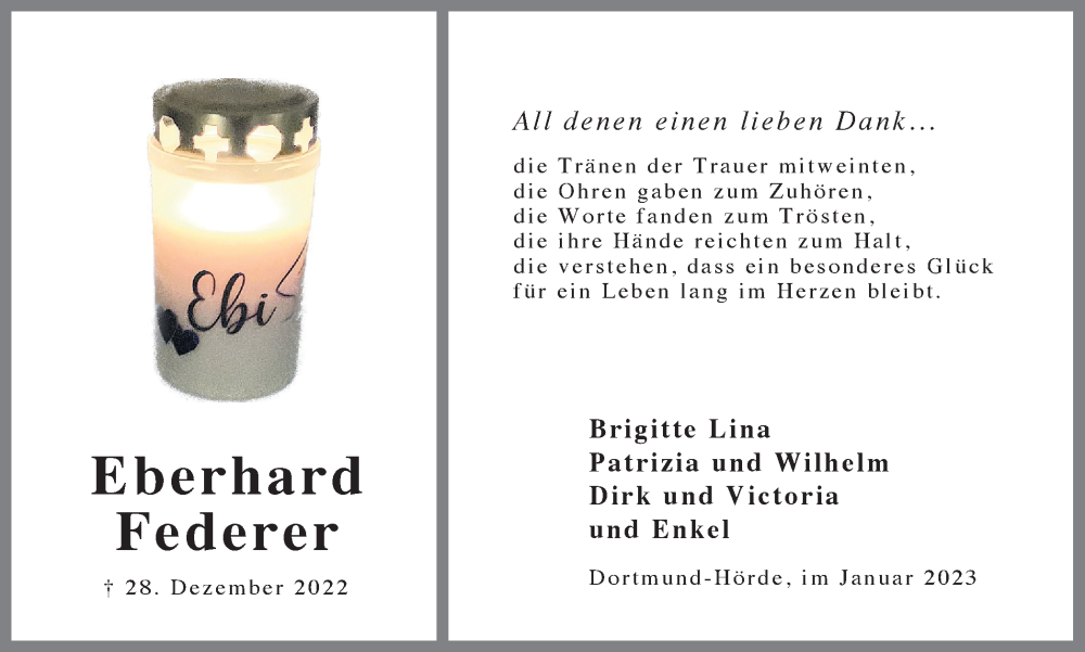  Traueranzeige für Eberhard Federer vom 28.01.2023 aus 