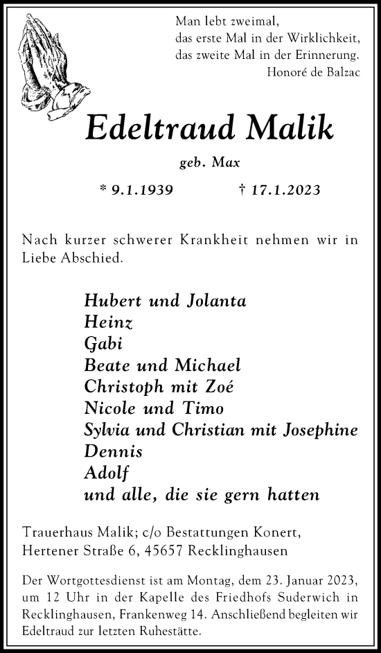 Traueranzeige von Edeltraud Malik von Medienhaus Bauer
