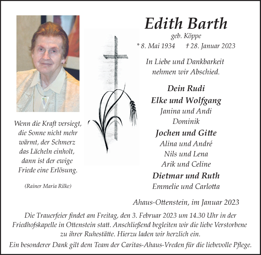  Traueranzeige für Edith Barth vom 31.01.2023 aus Münstersche Zeitung und Münsterland Zeitung