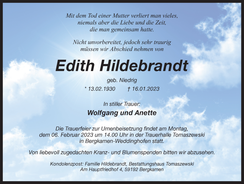  Traueranzeige für Edith Hildebrandt vom 28.01.2023 aus Hellweger Anzeiger