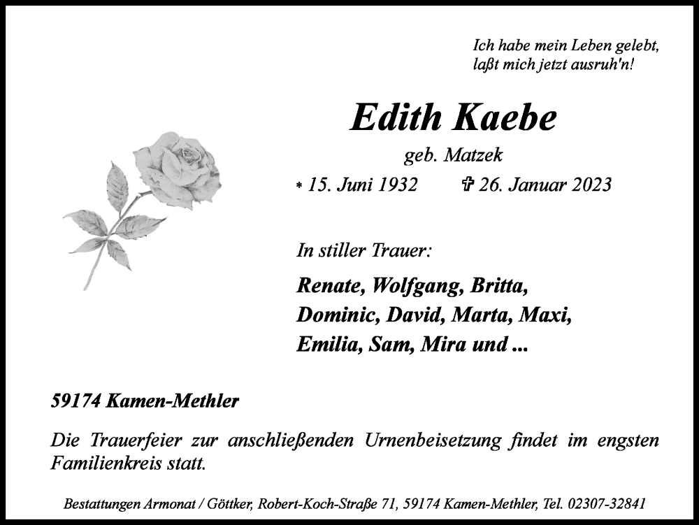  Traueranzeige für Edith Kaebe vom 28.01.2023 aus 
