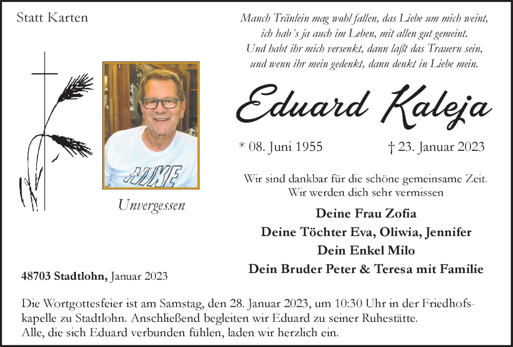 Traueranzeige für Eduard Kaleja vom 25.01.2023 aus Münstersche Zeitung und Münsterland Zeitung
