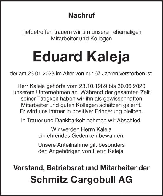 Traueranzeige von Eduard Kaleja von Münstersche Zeitung und Münsterland Zeitung