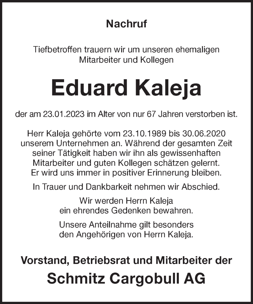  Traueranzeige für Eduard Kaleja vom 28.01.2023 aus Münstersche Zeitung und Münsterland Zeitung