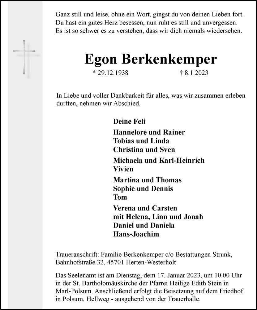  Traueranzeige für Egon Berkenkemper vom 13.01.2023 aus Medienhaus Bauer