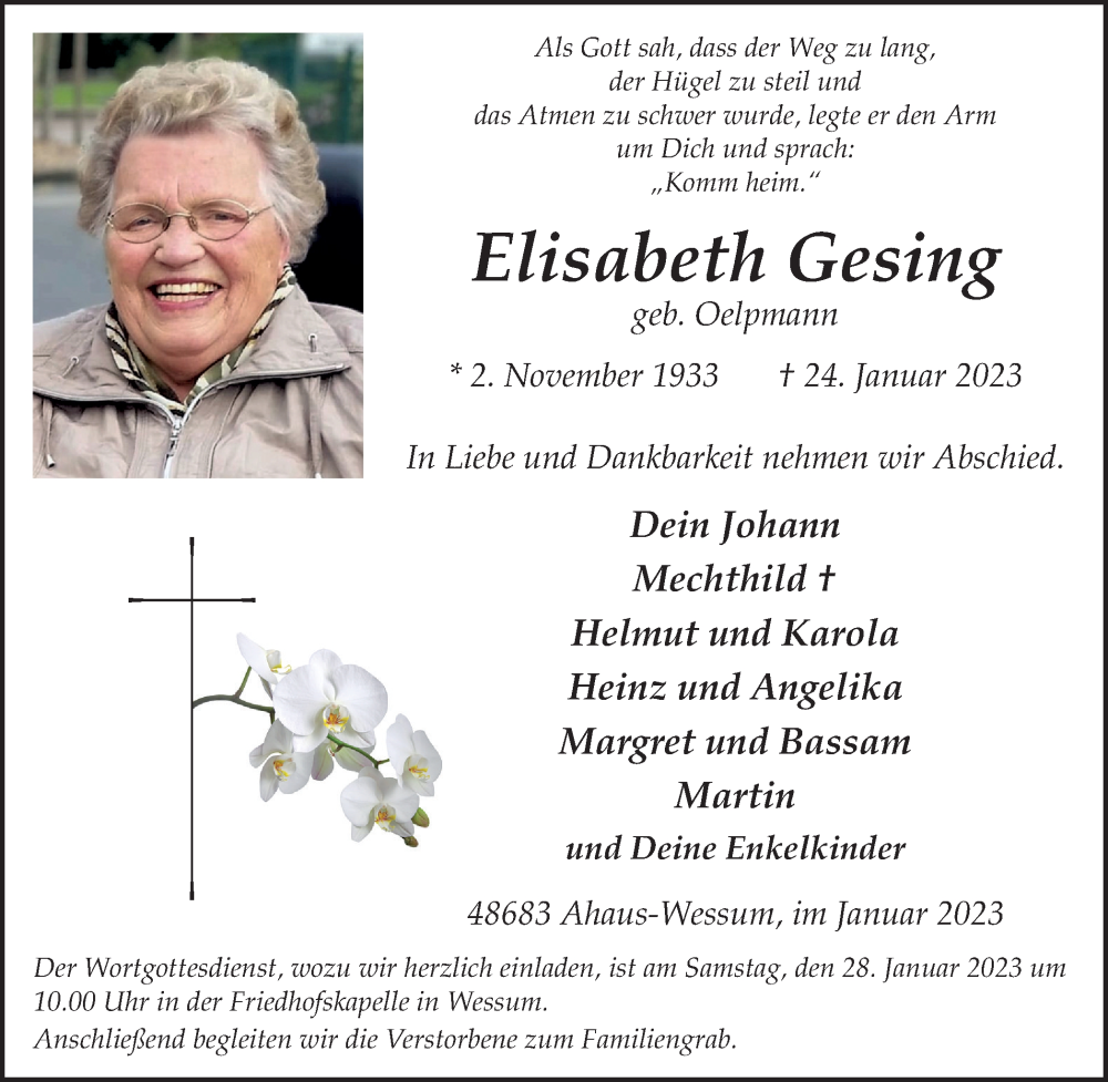  Traueranzeige für Elisabeth Gesing vom 26.01.2023 aus Münstersche Zeitung und Münsterland Zeitung