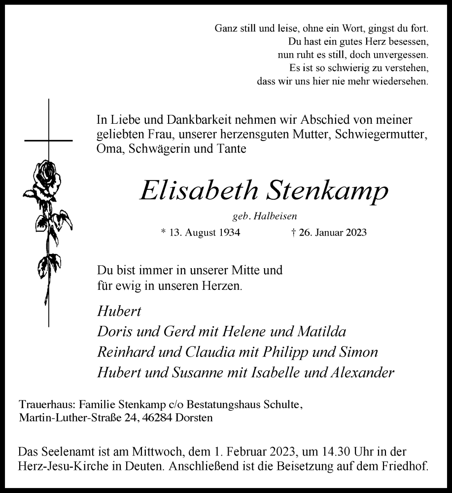  Traueranzeige für Elisabeth Stenkamp vom 28.01.2023 aus Ruhr Nachrichten und Dorstener Zeitung