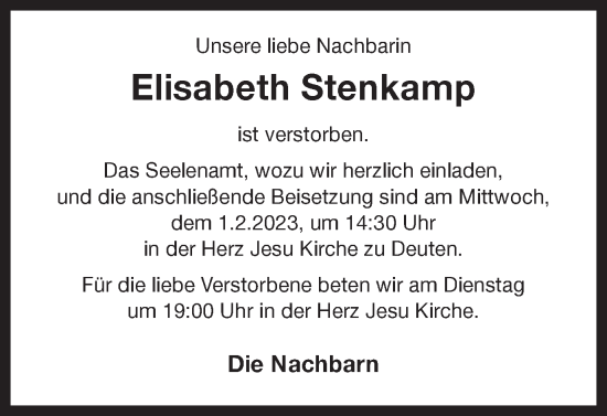 Traueranzeige von Elisabeth Stenkamp von Ruhr Nachrichten und Dorstener Zeitung