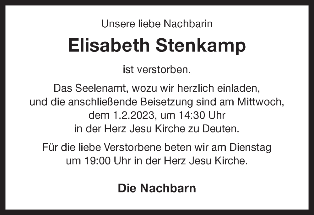  Traueranzeige für Elisabeth Stenkamp vom 30.01.2023 aus Ruhr Nachrichten und Dorstener Zeitung
