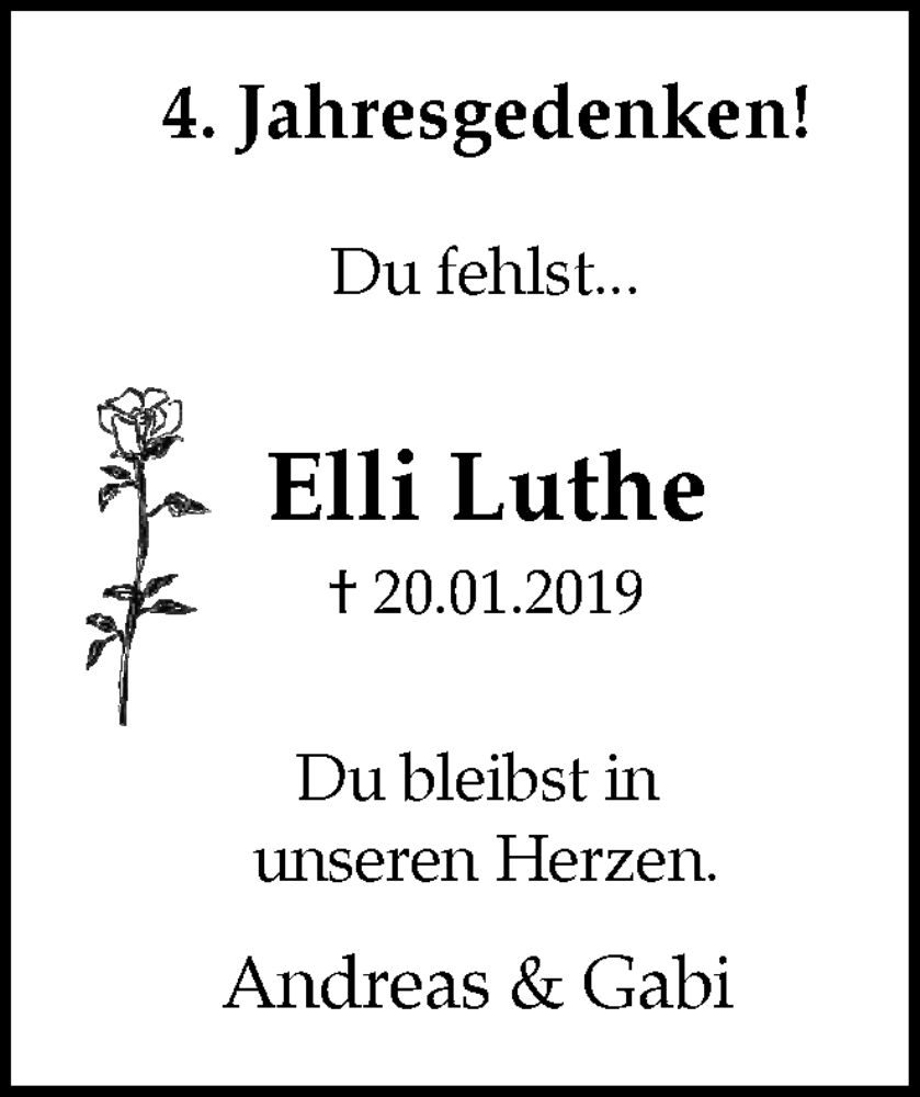  Traueranzeige für Elli Luthe vom 20.01.2023 aus Medienhaus Bauer