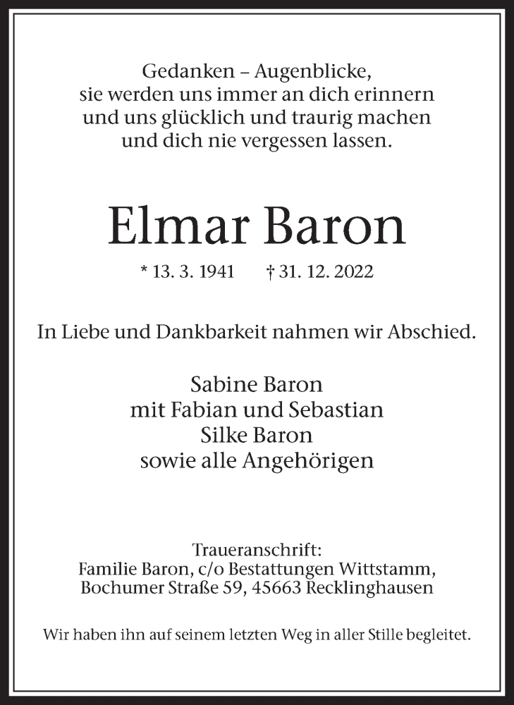  Traueranzeige für Elmar Baron vom 21.01.2023 aus Medienhaus Bauer