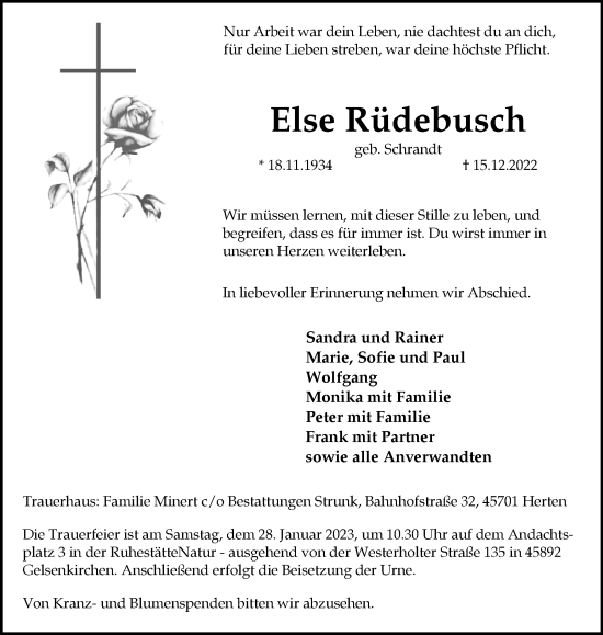 Traueranzeige von Else Rüdebusch von Medienhaus Bauer