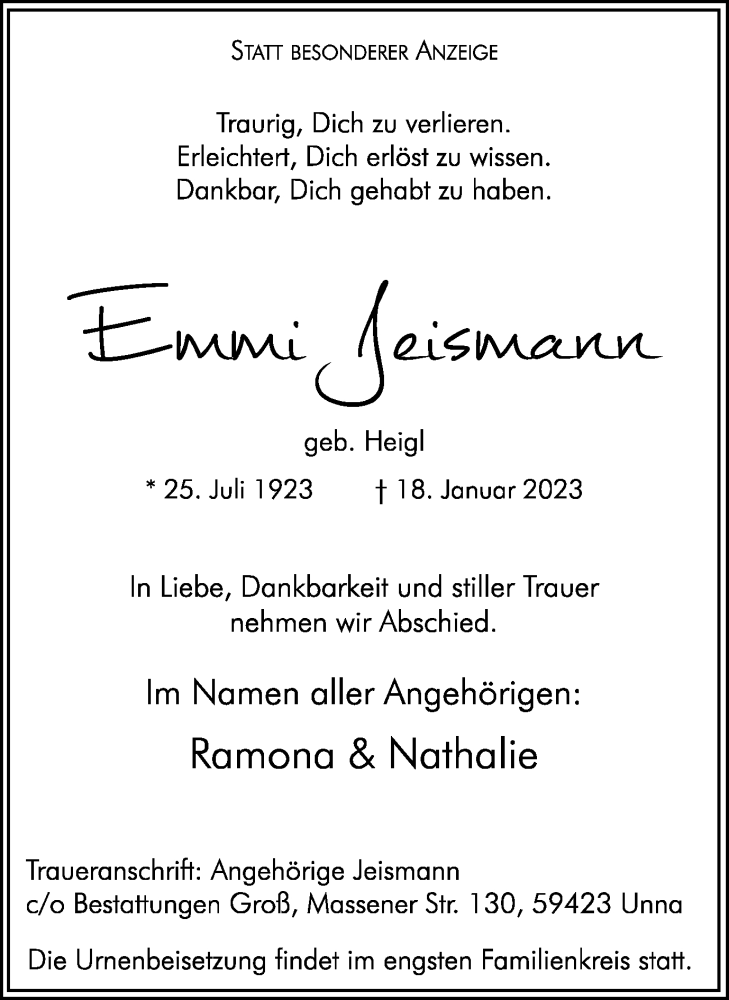  Traueranzeige für Emmi Jeismann vom 21.01.2023 aus Hellweger Anzeiger