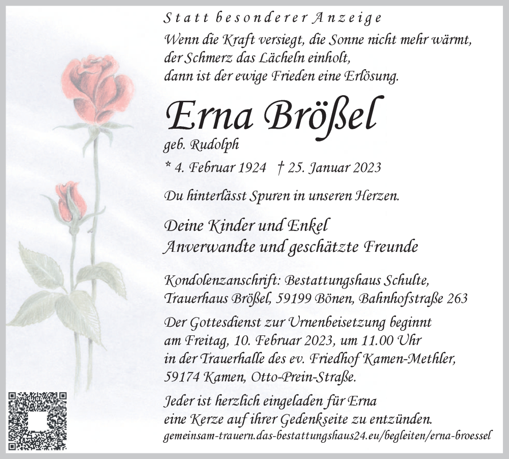  Traueranzeige für Erna Brößel vom 28.01.2023 aus Hellweger Anzeiger