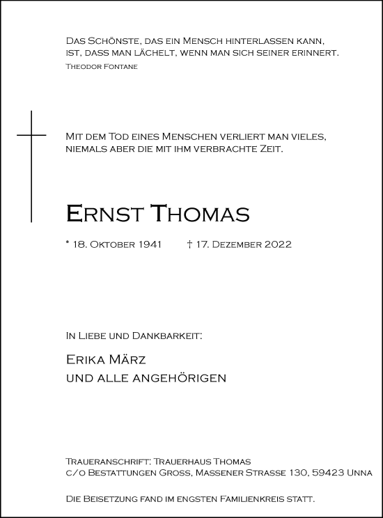 Traueranzeige von Ernst Thomas