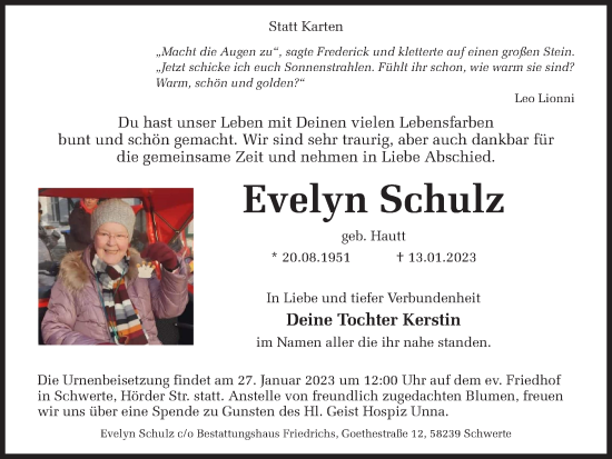 Traueranzeige von Evelyn Schulz von Ruhr Nachrichten