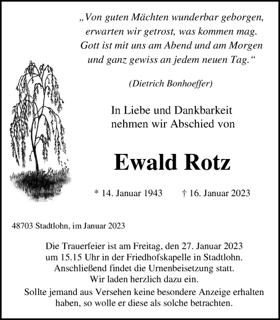 Traueranzeige von Ewald Rotz von Münstersche Zeitung und Münsterland Zeitung