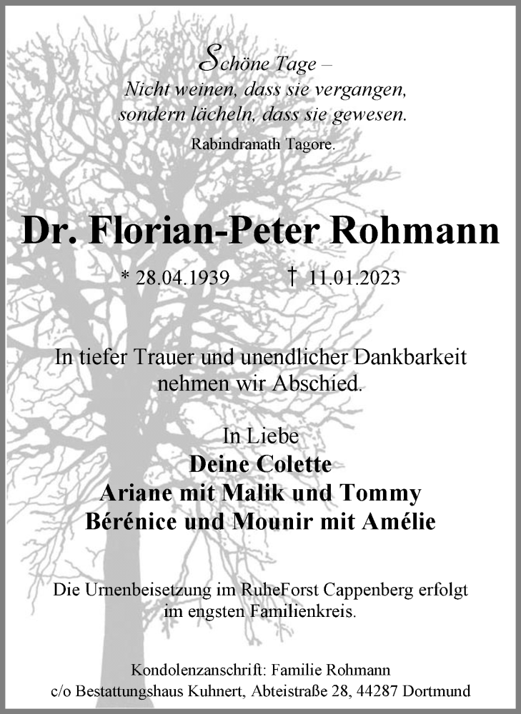  Traueranzeige für Florian-Peter Rohmann vom 21.01.2023 aus 