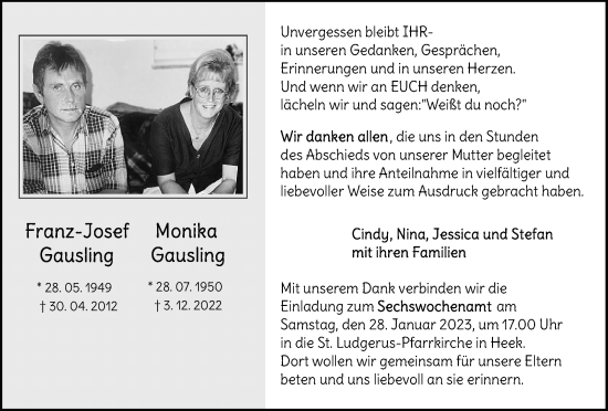 Traueranzeige von Franz-Josef und Monika Gausling von Münstersche Zeitung und Münsterland Zeitung