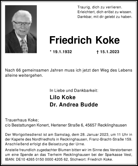 Traueranzeige von Friedrich Koke von Medienhaus Bauer