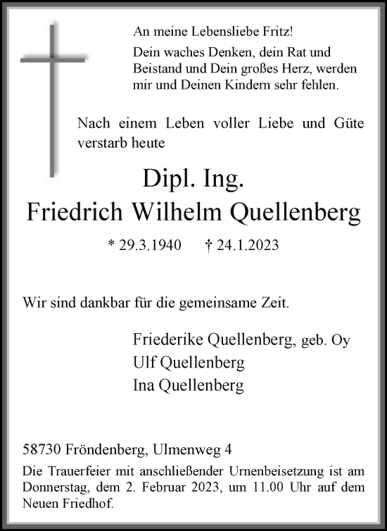 Traueranzeige von Friedrich Wilhelm Quellenberg von Hellweger Anzeiger