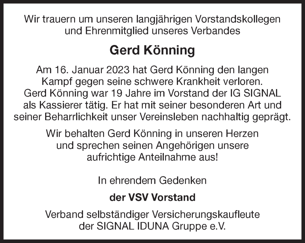  Traueranzeige für Gerd Könning vom 28.01.2023 aus Münstersche Zeitung und Münsterland Zeitung