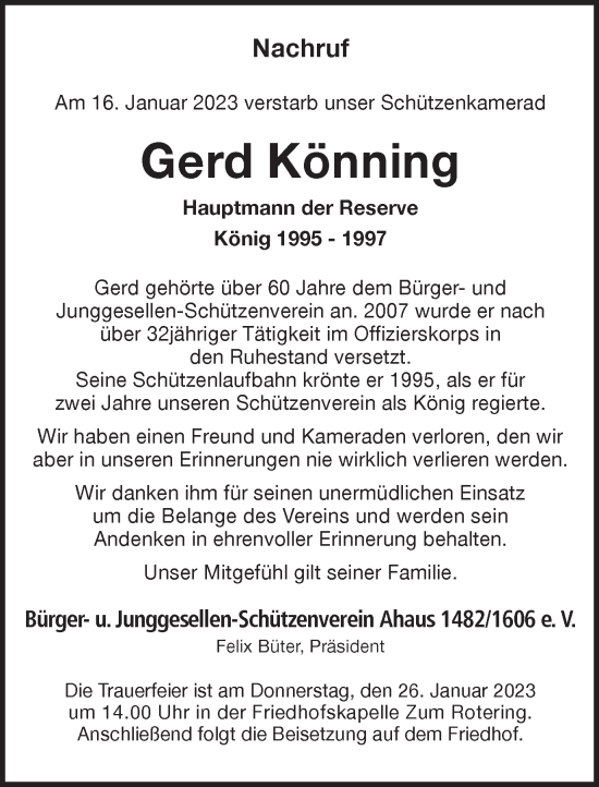 Traueranzeige von Gerd Könning von Münstersche Zeitung und Münsterland Zeitung