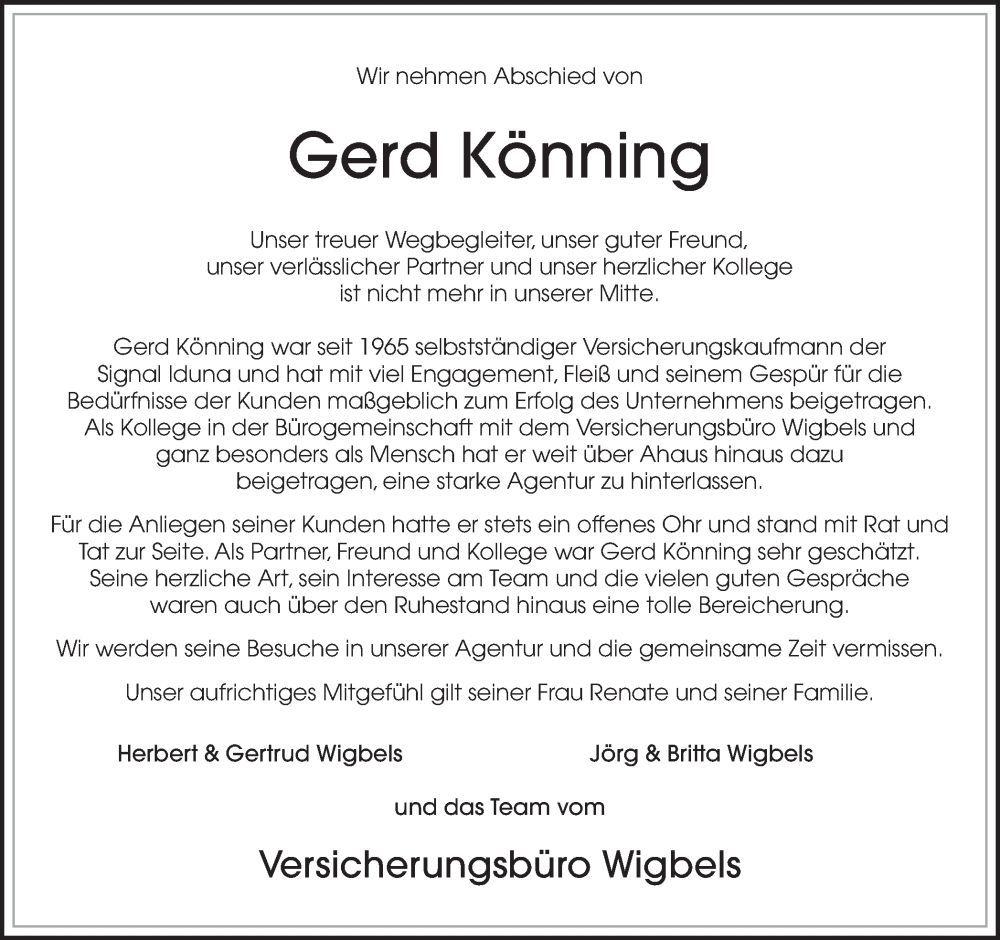  Traueranzeige für Gerd Könning vom 23.01.2023 aus Münstersche Zeitung und Münsterland Zeitung