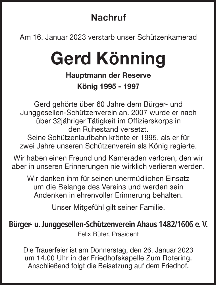 Traueranzeige für Gerd Könning vom 24.01.2023 aus Münstersche Zeitung und Münsterland Zeitung