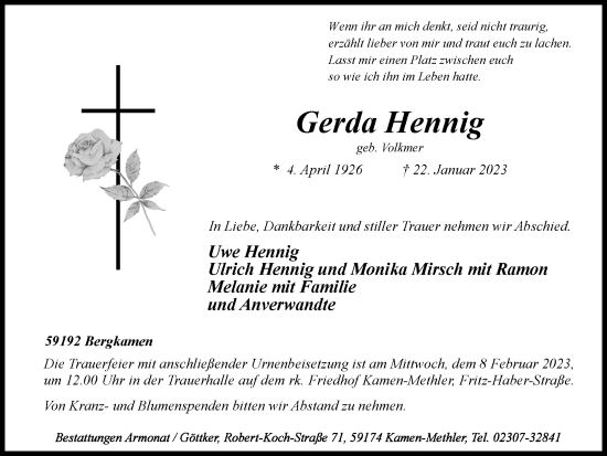 Traueranzeige von Gerda Hennig von Hellweger Anzeiger